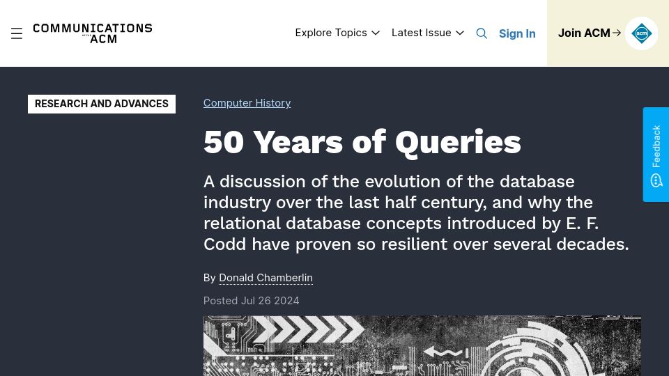 Screenshot of cacm.acm.org: 50 Years of Queries