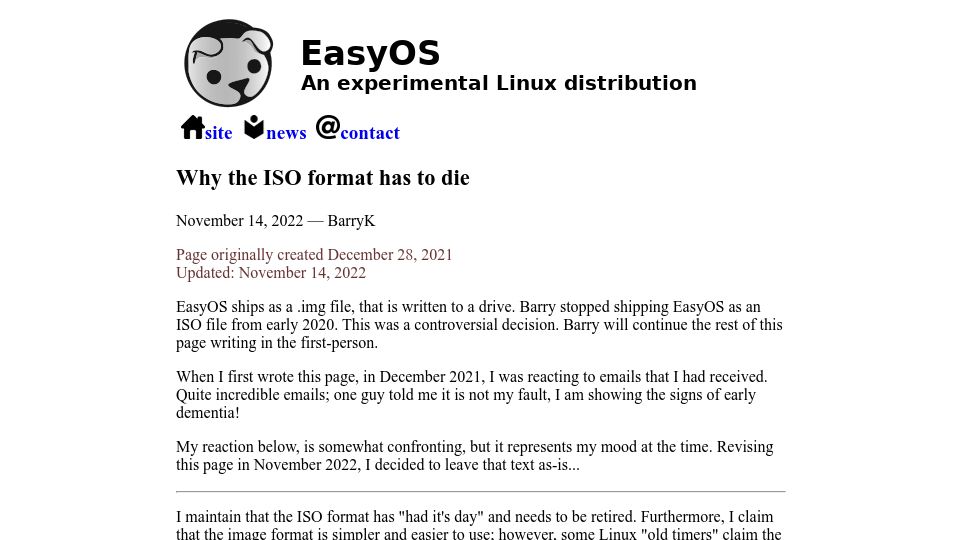 Screenshot of easyos.org: Why the ISO format has to die
