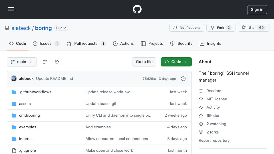 Screenshot of github.com: Show HN: I made an SSH tunnel manager to learn Go