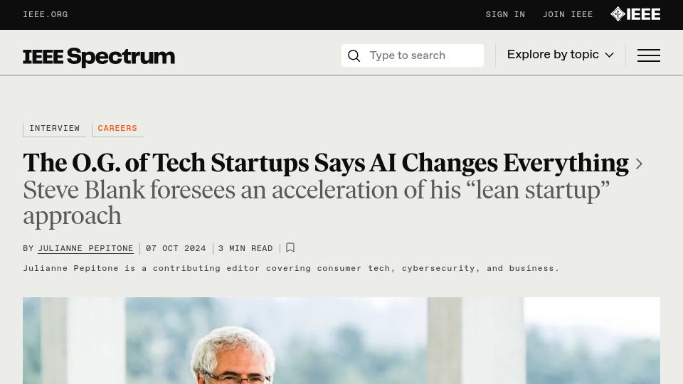 Screenshot of spectrum.ieee.org: Startup Guru Steve Blank Says AI Changes Everything