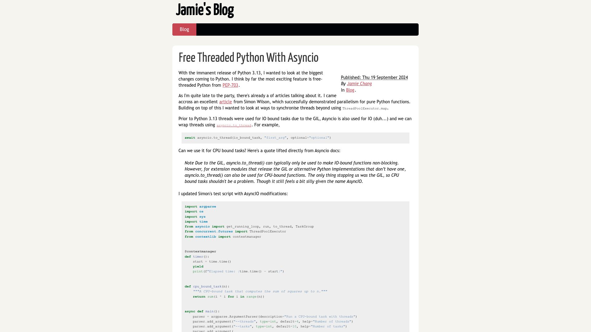 Screenshot of blog.changs.co.uk: Free Threaded Python with Asyncio