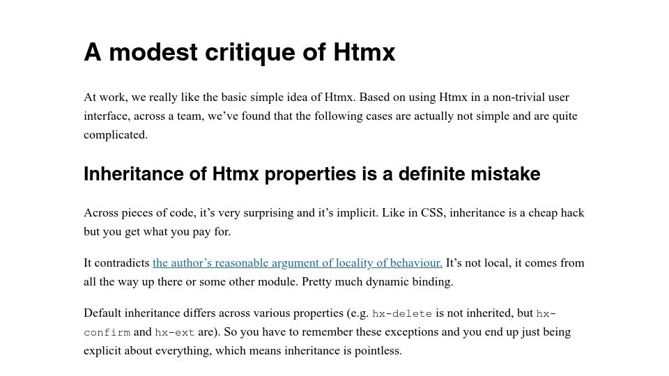 Screenshot of chrisdone.com: A modest critique of Htmx