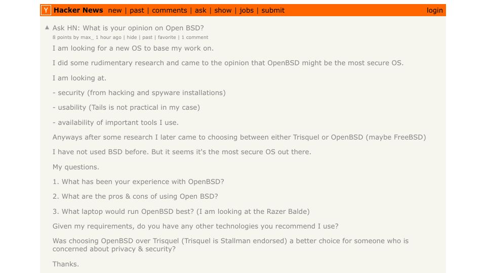 Screenshot of Hacker News post: Ask HN: What is your opinion on Open BSD?