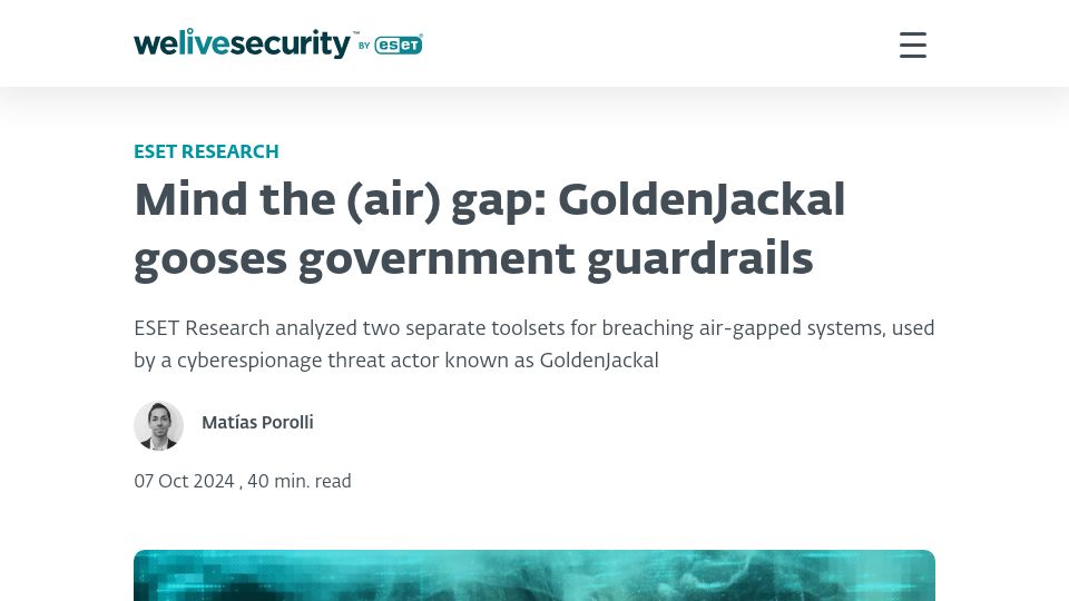 Screenshot of welivesecurity.com: European govt air-gapped systems breached using custom malware