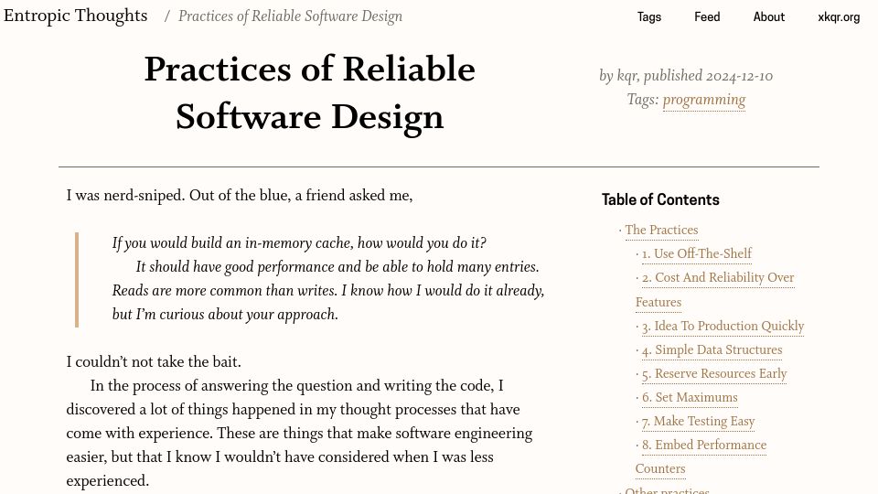Screenshot of entropicthoughts.com: Practices of Reliable Software Design