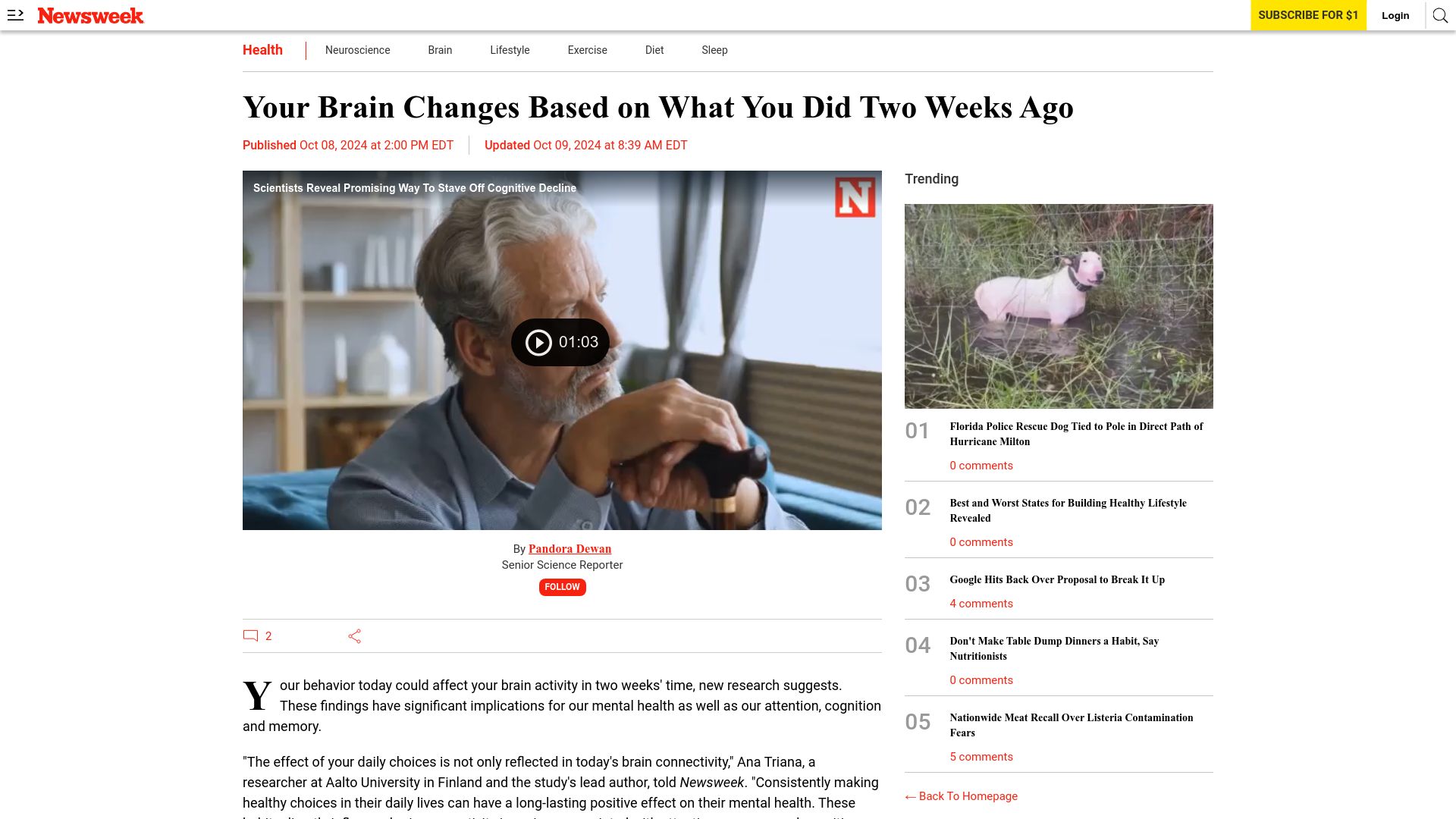 Screenshot of newsweek.com: Your brain changes based on what you did two weeks ago