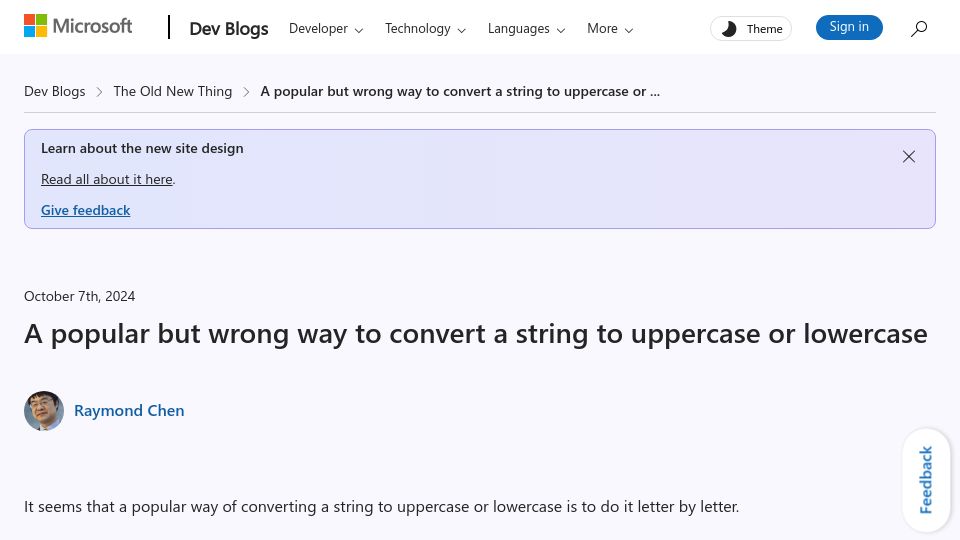 Screenshot of devblogs.microsoft.com: A popular but wrong way to convert a string to uppercase or lowercase