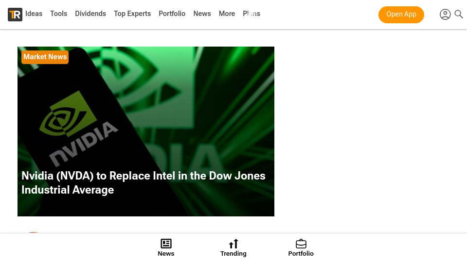 Screenshot of tipranks.com: Nvidia (NVDA) to Replace Intel in the Dow Jones Industrial Average