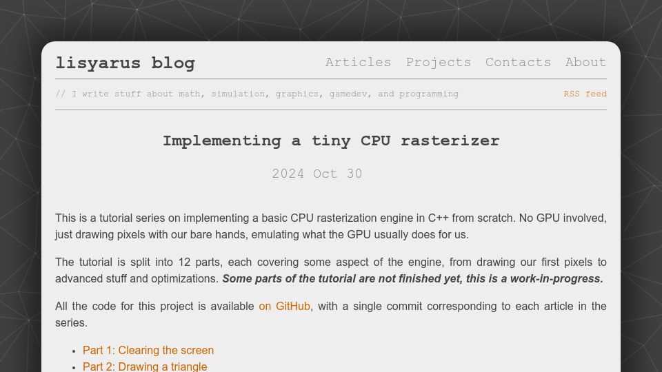 Screenshot of lisyarus.github.io: Implementing a Tiny CPU Rasterizer