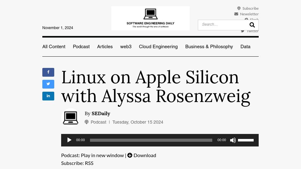 Screenshot of softwareengineeringdaily.com: Linux on Apple Silicon with Alyssa Rosenzweig [audio]