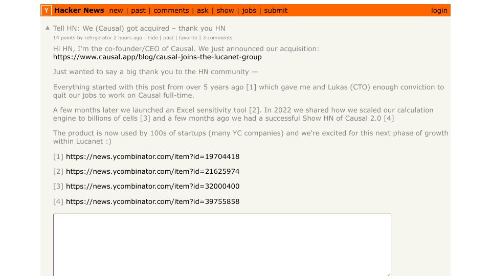 Screenshot of Hacker News post: Tell HN: We (Causal) got acquired – thank you HN