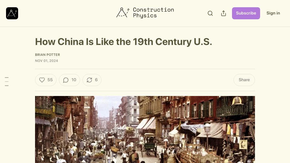 Screenshot of construction-physics.com: The rise of the U.S., the rise of China
