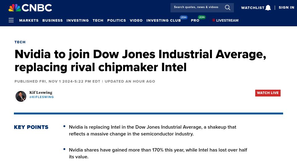 Screenshot of cnbc.com: Nvidia to join Dow Jones Industrial Average, replacing Intel