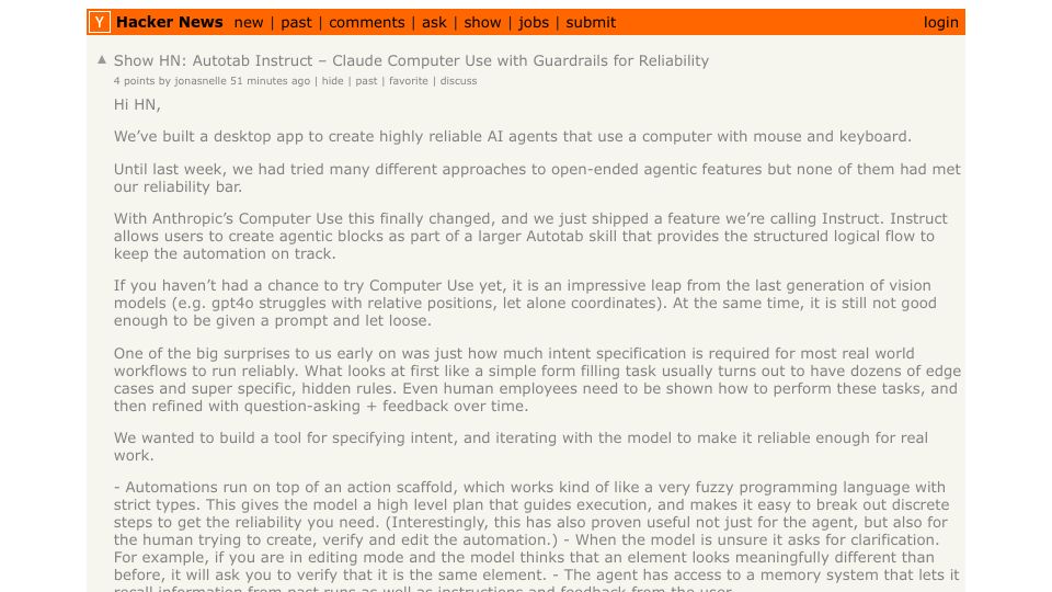 Screenshot of Hacker News post: Show HN: Autotab Instruct – Claude Computer Use with Guardrails for Reliability