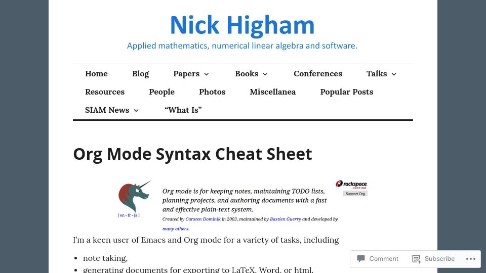 Screenshot of nhigham.com: Org Mode Syntax Cheat Sheet (2017)