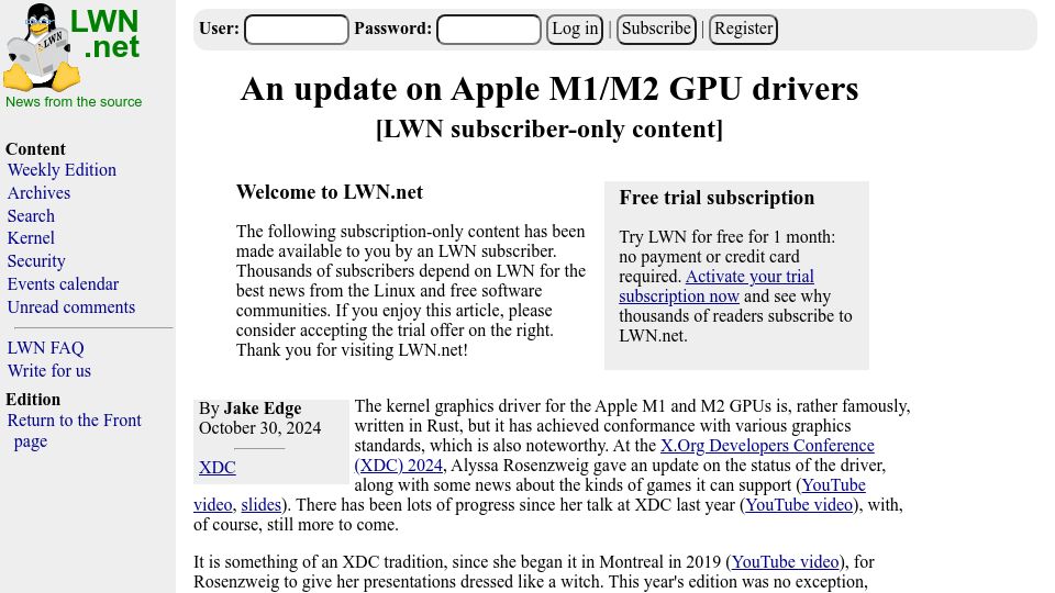 Screenshot of lwn.net: An Update on Apple M1/M2 GPU Drivers