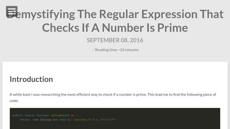 Screenshot of illya.sh: Demystifying the regular expression that checks if a number is prime (2016)
