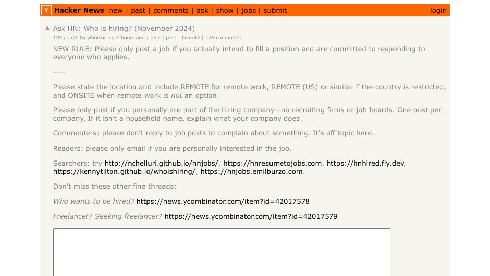 Screenshot of Hacker News post: Ask HN: Who is hiring? (November 2024)
