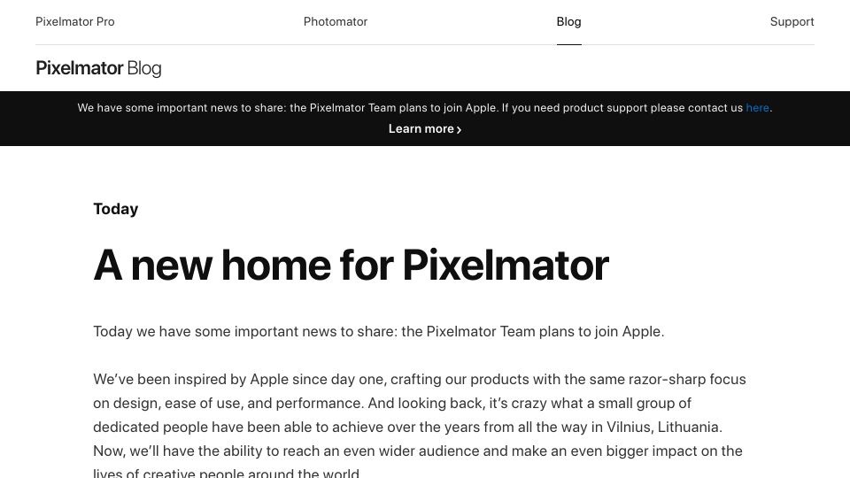 Screenshot of pixelmator.com: Apple acquires Pixelmator