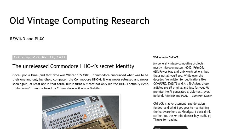 Screenshot of oldvcr.blogspot.com: The unreleased Commodore HHC-4's identity
