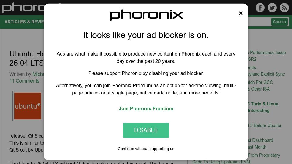 Screenshot of phoronix.com: Ubuntu Hoping to Remove Qt 5 Before Ubuntu 26.04 LTS
