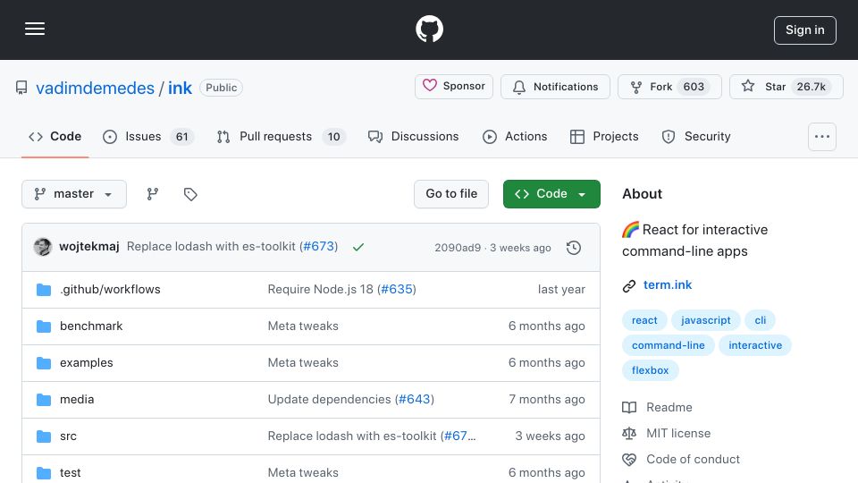 Screenshot of github.com: Ink: React for interactive CLI apps
