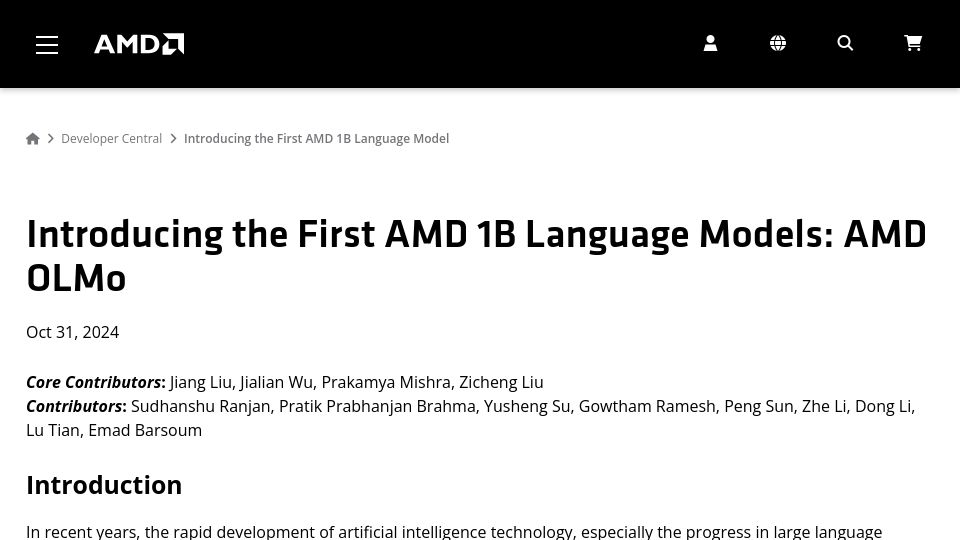 Screenshot of amd.com: AMD Open-Source 1B OLMo Language Models