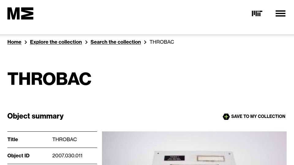 Screenshot of mitmuseum.mit.edu: Throbac: THrifty Roman numeral BAckwards-looking Computer