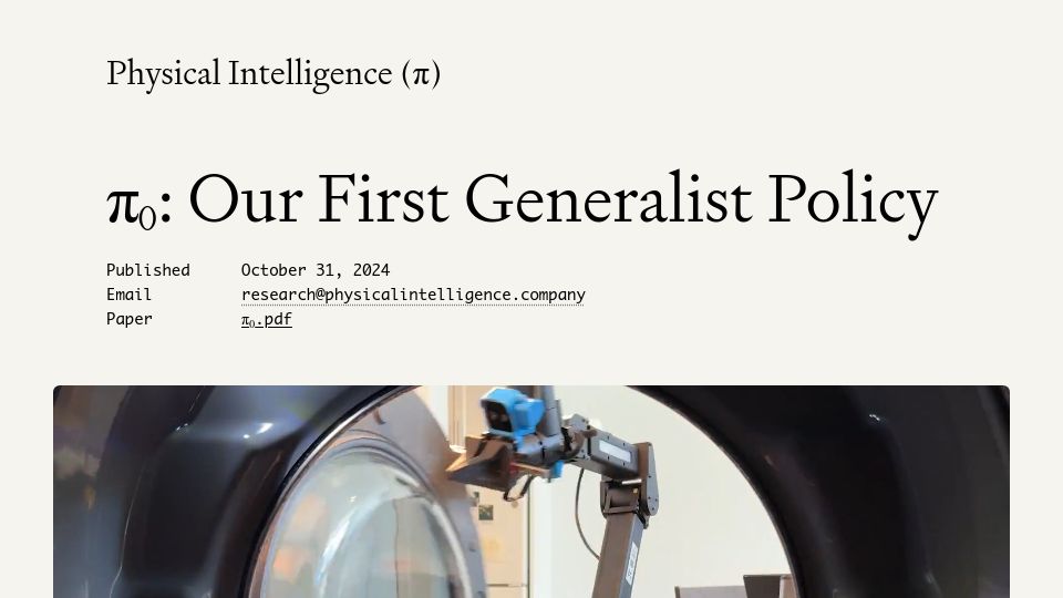 Screenshot of physicalintelligence.company: Our First Generalist Policy