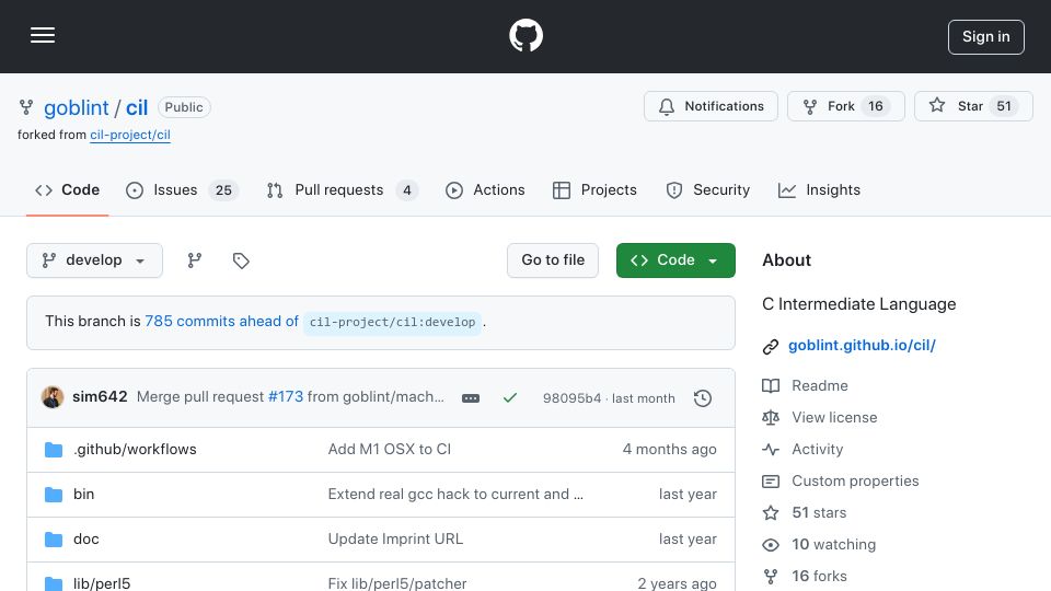 Screenshot of github.com: CIL: C Intermediate Language