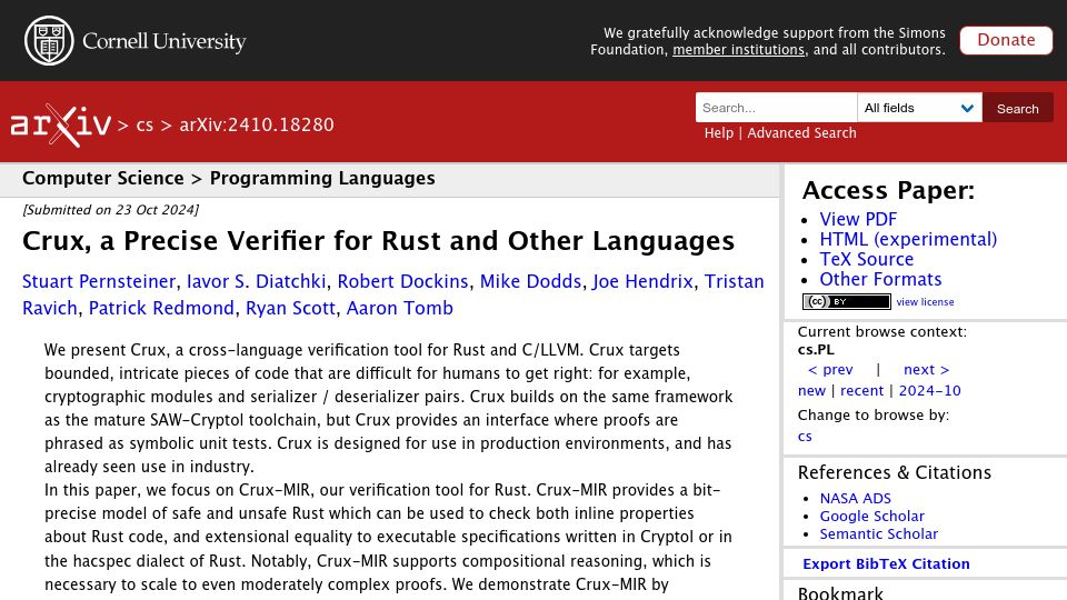 Screenshot of arxiv.org: Crux, a Precise Verifier for Rust and Other Languages