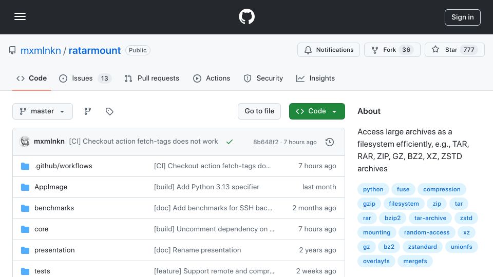 Screenshot of github.com: Show HN: Ratarmount 1.0.0 – Rapid access to large archives via a FUSE filesystem