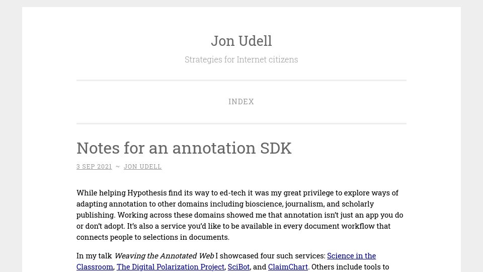 Screenshot of blog.jonudell.net: Notes for an annotation SDK (2021)