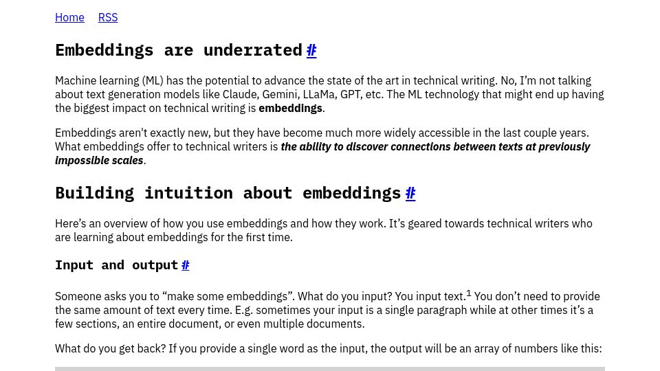 Screenshot of technicalwriting.dev: Embeddings are underrated