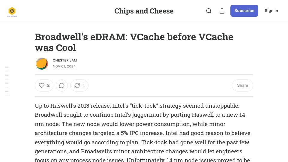 Screenshot of chipsandcheese.com: Broadwell's EDRAM: VCache Before VCache Was Cool