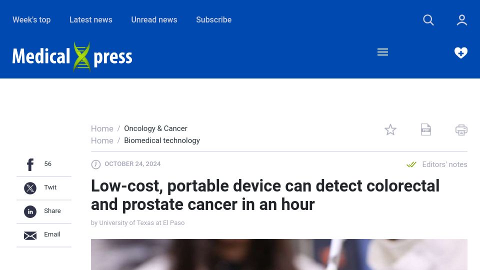 Screenshot of medicalxpress.com: Low-cost, portable device can detect colorectal and prostate cancer in an hour