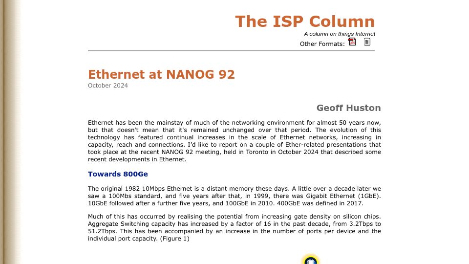 Screenshot of potaroo.net: Ethernet at NANOG 92