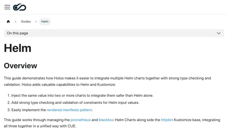 Screenshot of holos.run: Show HN: Holos – Configure Helm and Kustomize Holistically with Cue