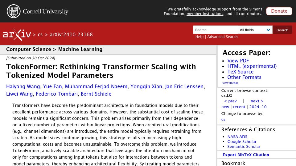 Screenshot of arxiv.org: TokenFormer: Rethinking Transformer Scaling with Tokenized Model Parameters