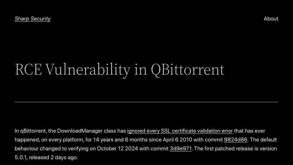 Screenshot of sharpsec.run: RCE Vulnerability in QBittorrent