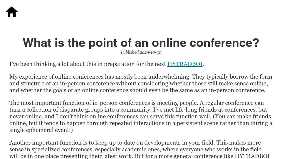Screenshot of scattered-thoughts.net: What is the point of an online conference?