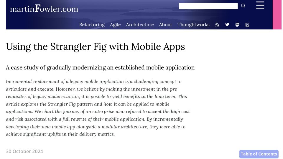 Screenshot of martinfowler.com: Using the Strangler Fig with Mobile Apps