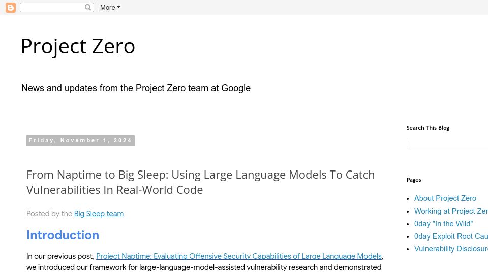 Screenshot of googleprojectzero.blogspot.com: Using Large Language Models to Catch Vulnerabilities