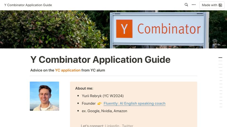 Screenshot of getfluently.notion.site: Guide to applying to YC – from a founder who was accepted on the third try