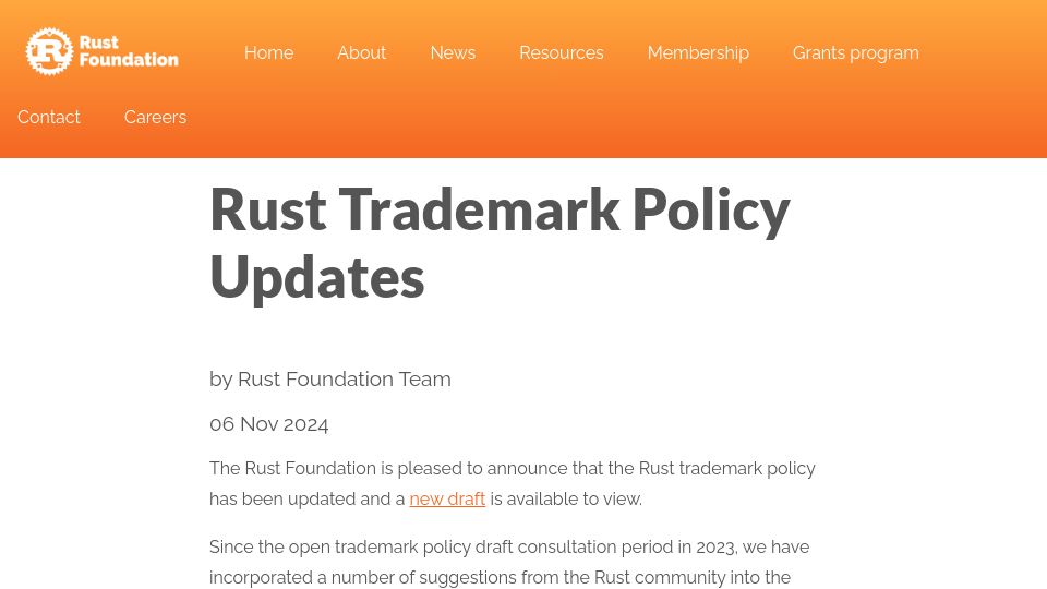 Screenshot of foundation.rust-lang.org: Rust Trademark Policy Updates