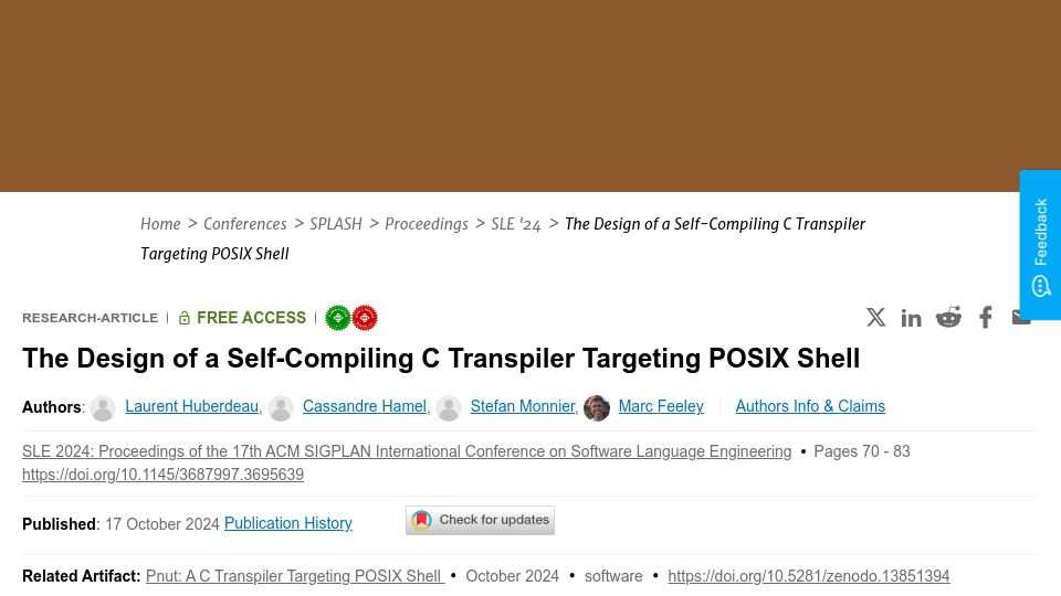 Screenshot of dl.acm.org: The Design of a Self-Compiling C Transpiler Targeting POSIX Shell