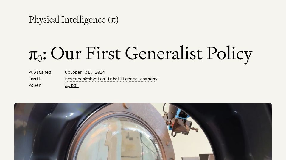 Screenshot of physicalintelligence.company: Physical Intelligence's first generalist policy AI can finally do your laundry