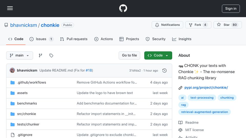Screenshot of github.com: Show HN: Chonkie – A Fast, Lightweight Text Chunking Library for RAG