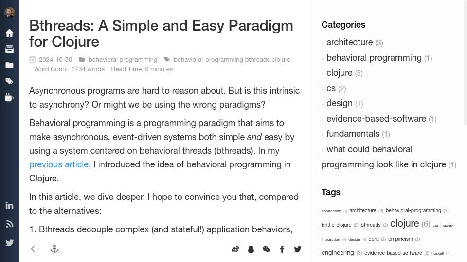 Screenshot of thomascothran.tech: Bthreads: A Simple and Easy Paradigm for Clojure