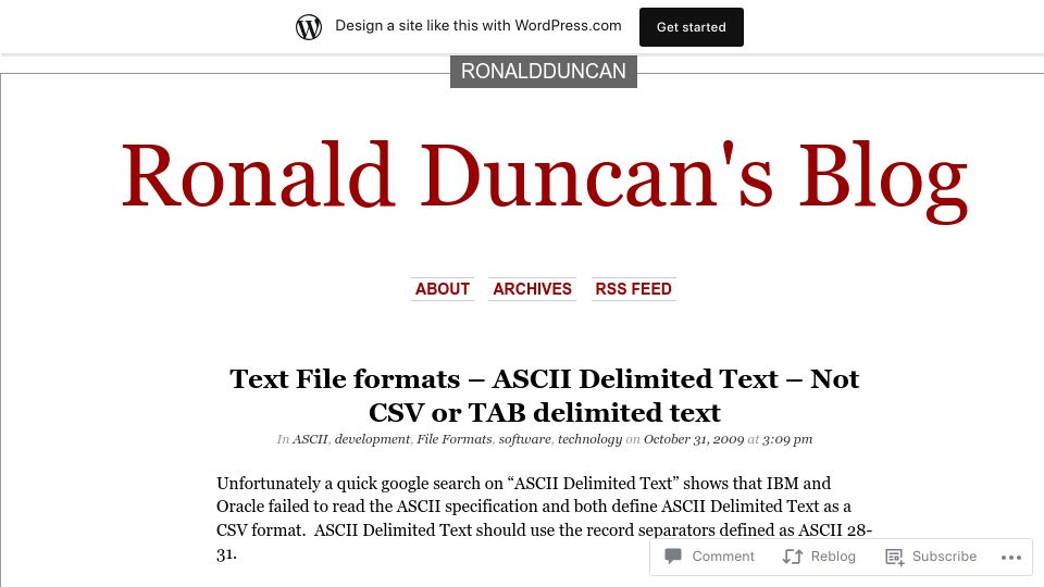 Screenshot of ronaldduncan.wordpress.com: ASCII Delimited Text – Not CSV or Tab Delimited Text